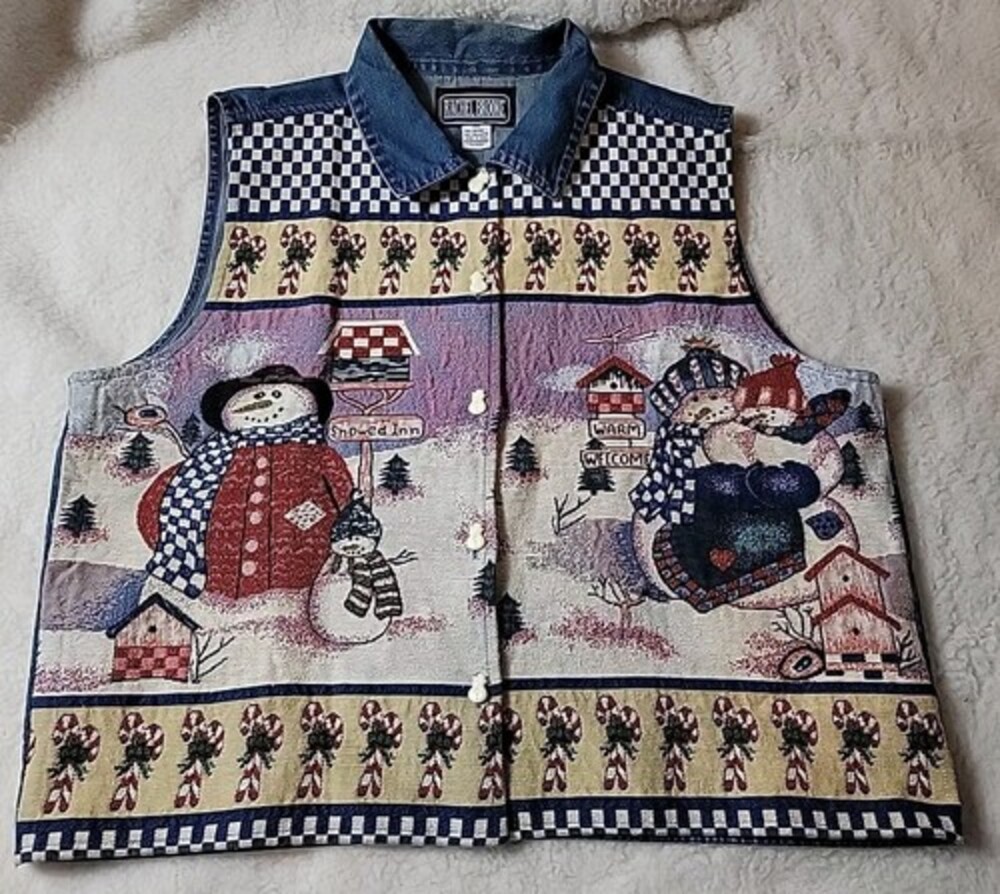 Rachel Brooke Women's Size 2XL Snowman Winter Jean Vest Button Up
